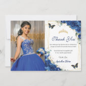 Quinceañera Royal Blue Floral Butterfells Geburtst Dankeskarte (Vorderseite)