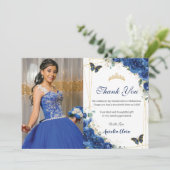 Quinceañera Royal Blue Floral Butterfells Geburtst Dankeskarte (Stehend Vorderseite)