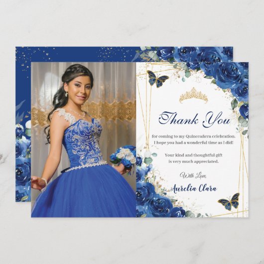 Quinceañera Royal Blue Floral Butterfells Geburtst Dankeskarte (Vorne/Hinten)