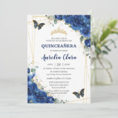 Quinceañera Royal Blue Floral Butterfells Geburtst Einladung (Stehend Vorderseite)