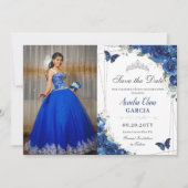 Quinceañera Royal Blue Floral Butterfells Geburtst Save The Date (Vorderseite)