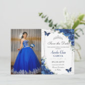 Quinceañera Royal Blue Floral Butterfells Geburtst Save The Date (Stehend Vorderseite)