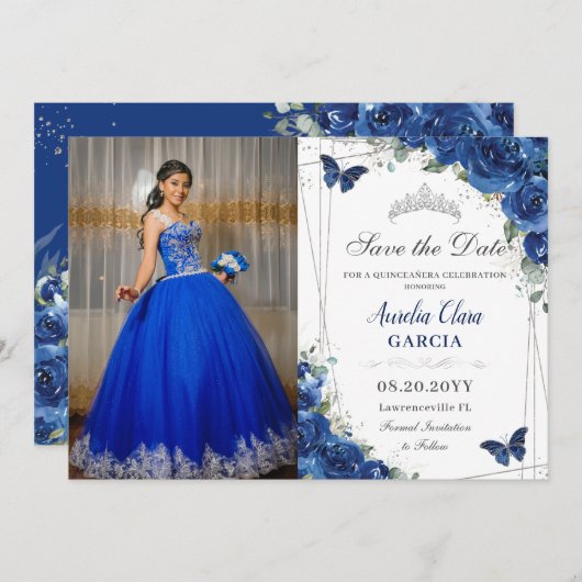 Quinceañera Royal Blue Floral Butterfells Geburtst Save The Date (Vorne/Hinten)