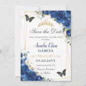 Quinceañera Royal Blue Floral Butterfells Geburtst Save The Date (Vorderseite)