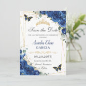 Quinceañera Royal Blue Floral Butterfells Geburtst Save The Date (Stehend Vorderseite)