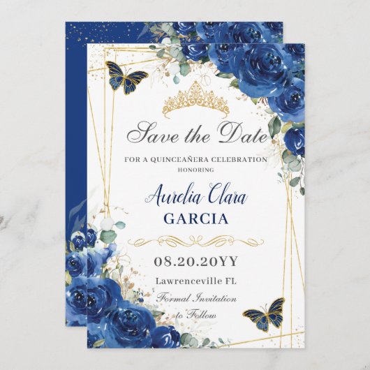 Quinceañera Royal Blue Floral Butterfells Geburtst Save The Date (Vorne/Hinten)
