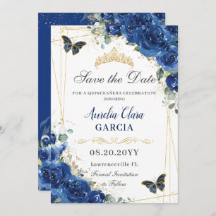 Quinceañera Royal Blue Floral Butterfells Geburtst Save The Date