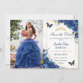 Quinceañera Royal Blue Floral Butterfells Geburtst Save The Date (Vorderseite)