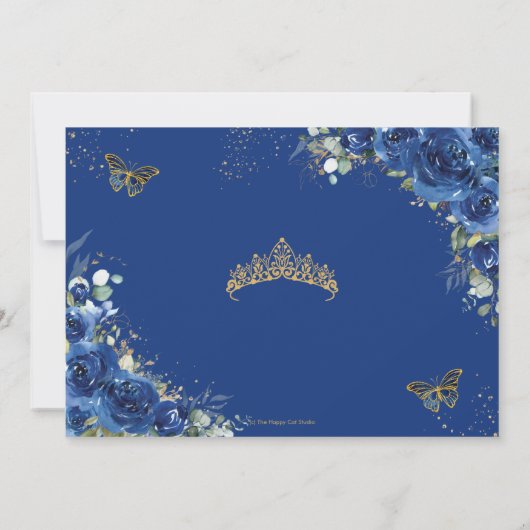 Quinceañera Royal Blue Floral Butterfells Geburtst Save The Date (Rückseite)
