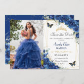Quinceañera Royal Blue Floral Butterfells Geburtst Save The Date (Vorne/Hinten)
