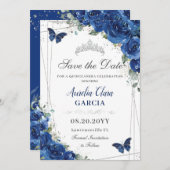 Quinceañera Royal Blue Floral Butterfells Geburtst Save The Date (Vorne/Hinten)