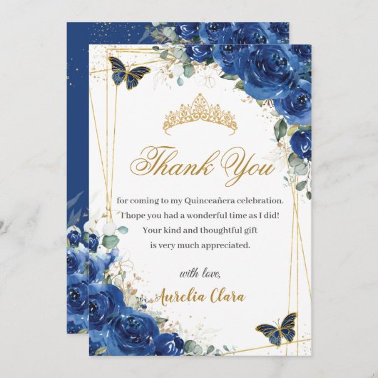 Quinceañera Royal Blue Floral Gold Schmetterlinge Dankeskarte (Vorne/Hinten)