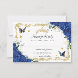 Quinceañera Royal Blue Floral Gold Schmetterlinge RSVP Karte