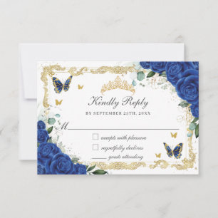 Quinceañera Royal Blue Floral Gold Schmetterlinge RSVP Karte