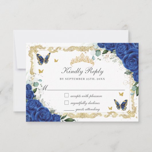 Quinceañera Royal Blue Floral Gold Schmetterlinge RSVP Karte (Vorderseite)