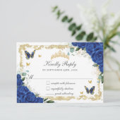 Quinceañera Royal Blue Floral Gold Schmetterlinge RSVP Karte (Stehend Vorderseite)