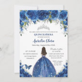 Quinceañera Royal Blue Floral Princess Birthday Einladung (Vorderseite)
