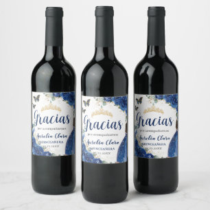 Quinceañera Royal Blue Floral Princess Dress Gold Weinetikett