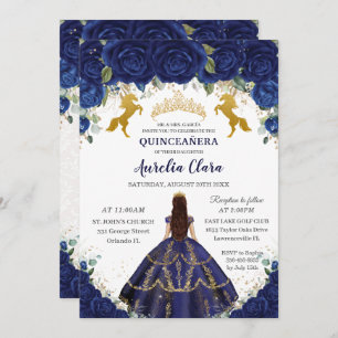 Quinceañera Royal Blue Floral Princess Gold Pferde Einladung