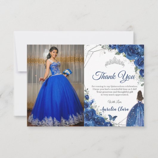 Quinceañera Royal Blue Floral Princess Picture Dankeskarte (Vorderseite)