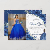 Quinceañera Royal Blue Floral Princess Picture Dankeskarte (Vorne/Hinten)