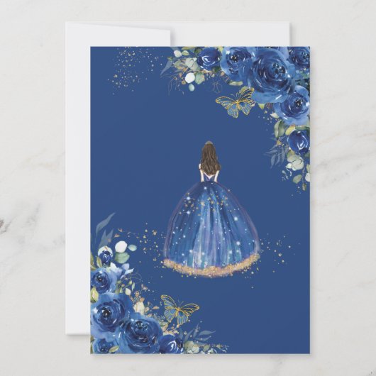 Quinceañera Royal Blue Floral Prinzessin 15 Geburt Einladung (Rückseite)