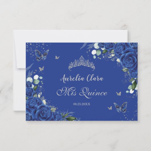 Quinceañera Royal Blue Floral Silberschmetterlinge RSVP Karte (Rückseite)