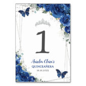 Quinceañera Royal Blue Floral Silberschmetterlinge Tischnummer (Rückseite)