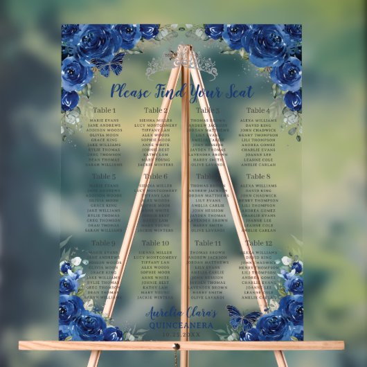 Quinceañera Royal Blue Floral Silver Sitzplatz Acrylschild (Neutral)