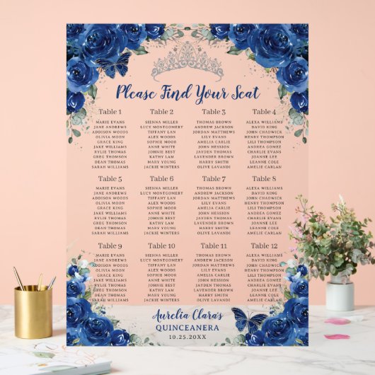 Quinceañera Royal Blue Floral Silver Sitzplatz Acrylschild (Hochzeit)