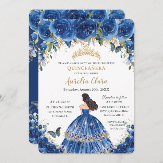 Quinceañera Royal Blue Flowers Butterfliegen Tiara Einladung (Vorne/Hinten)