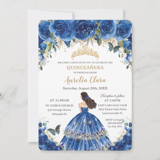 Quinceañera Royal Blue Flowers Butterfliegen Tiara Einladung (Vorderseite)