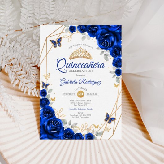 Quinceanera Royal Blue Gold Floral Einladung