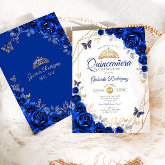 Quinceanera Royal Blue Gold Floral Einladung