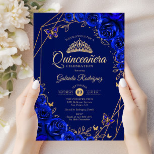 Quinceanera Royal Blue Gold Floral Einladung