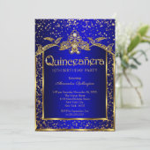 Quinceanera Royal Blue Gold Geburtstagsfeier Einladung (Stehend Vorderseite)