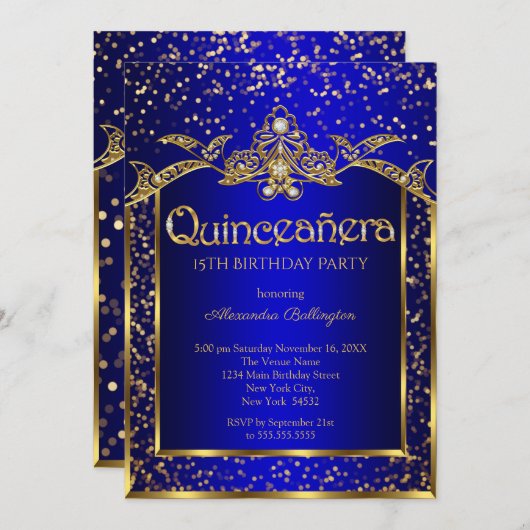 Quinceanera Royal Blue Gold Geburtstagsfeier Einladung (Vorne/Hinten)
