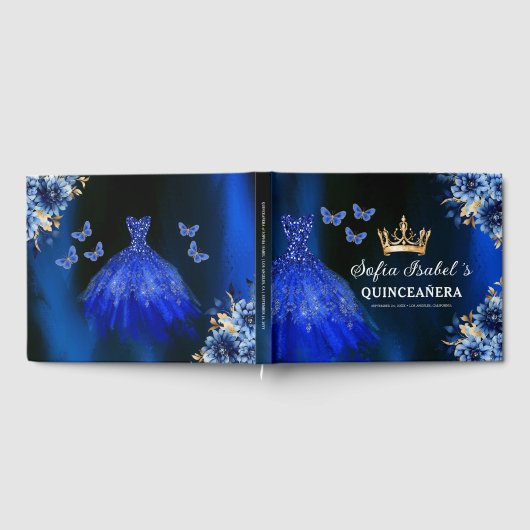 Quinceañera Royal Blue Gold Princess Butterfliegen Gästebuch (Voll)