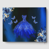 Quinceañera Royal Blue Gold Princess Butterfliegen Gästebuch (Rückseite)
