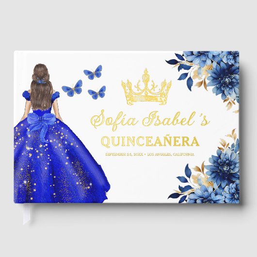Quinceañera Royal Blue Gold Princess Butterfliegen Gästebuch (Vorderseite)