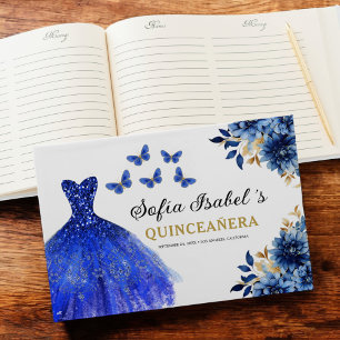 Quinceañera Royal Blue Gold Princess Butterfliegen Gästebuch