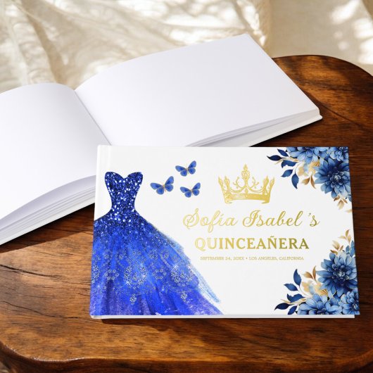 Quinceañera Royal Blue Gold Princess Butterfliegen Gästebuch