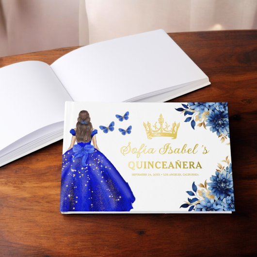 Quinceañera Royal Blue Gold Princess Butterfliegen Gästebuch