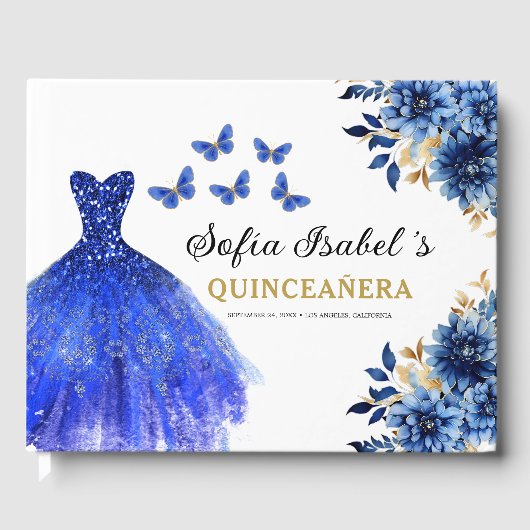 Quinceañera Royal Blue Gold Princess Butterfliegen Gästebuch (Vorderseite)