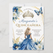Quinceañera Royal Blue Gold Tiara Floral Butterfly Einladung (Vorderseite)