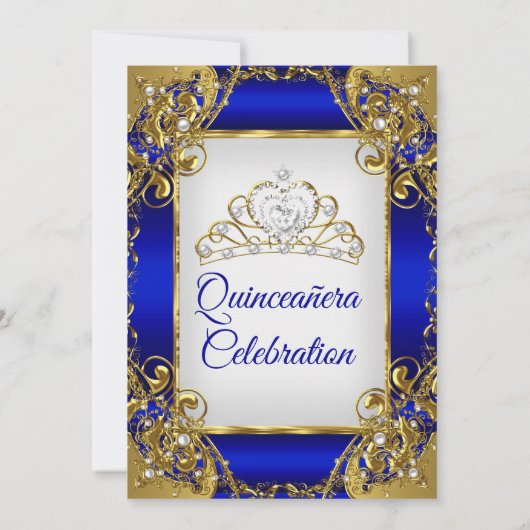 Quinceanera Royal Blue Golden Pearl Tiara Party Einladung (Rückseite)