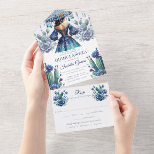 Quinceañera Royal Blue im mexikanischen Stil RSVP All In One Einladung