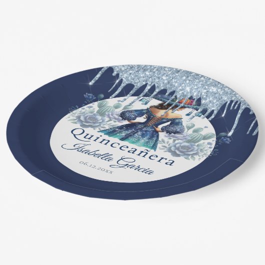 Quinceañera Royal Blue Mexican Style Pappteller (Schrägansicht)
