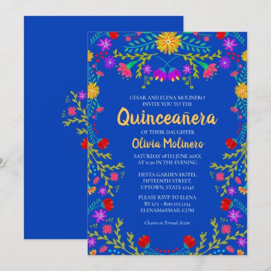 Quinceanera Royal Blue Mexiko Blume Geburtstag Einladung (Vorne/Hinten)
