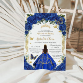 Quinceañera Royal Blue Rose Floral Vintag Gold Einladung